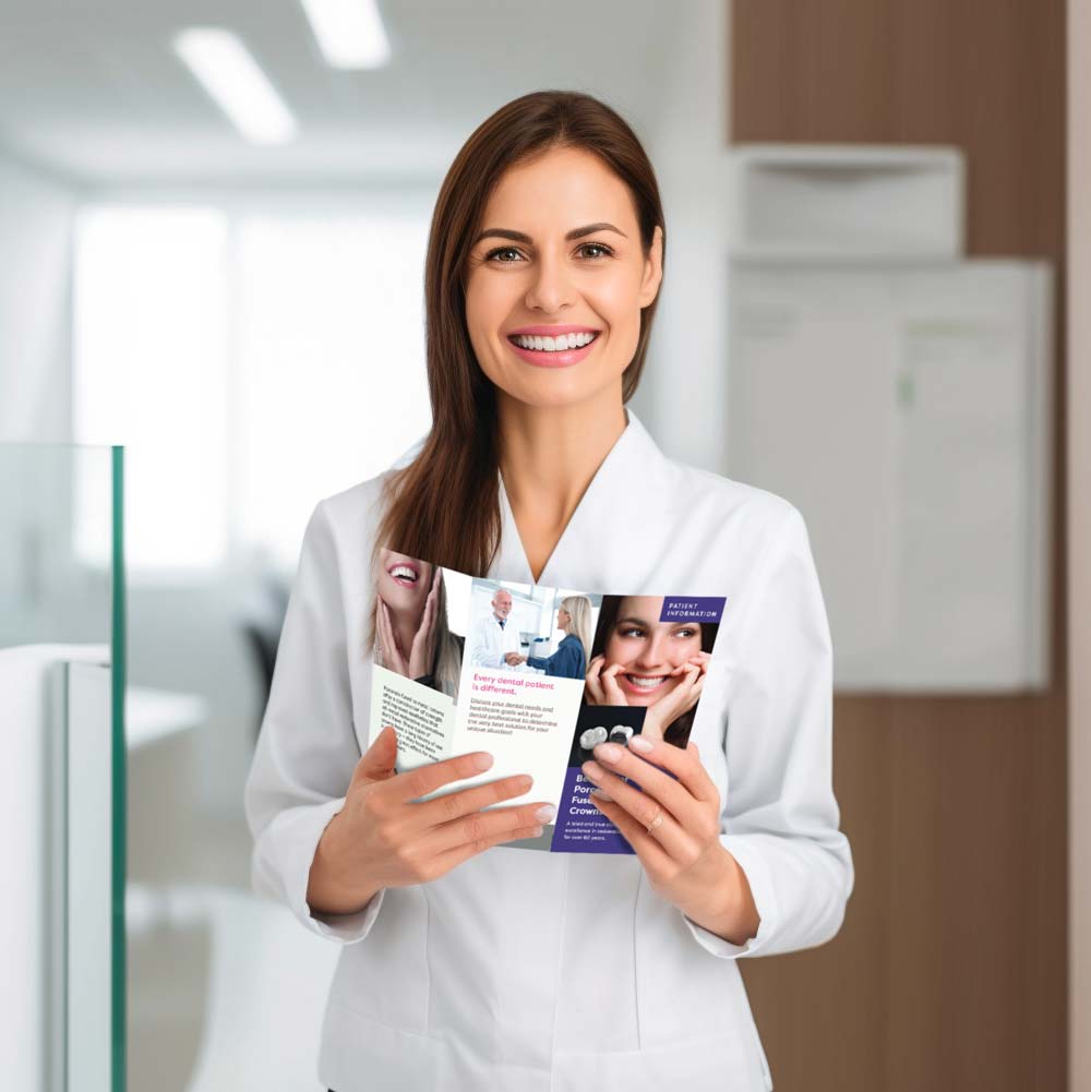 dentist holding marketing brochure for patients